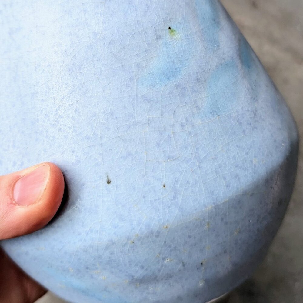 Vintage Cottagecore Shabby Chic Blue Painted Wide Mouth Ceramic Vase - Picture 2 of 6
